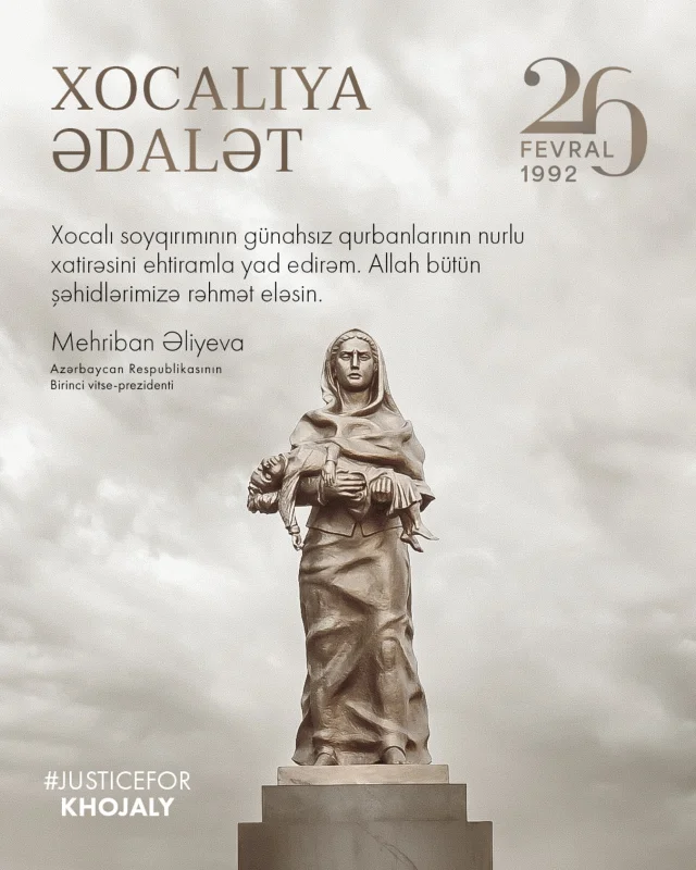 Mehriban Əliyeva Xocalı soyqırımının ildönümü ilə bağlı paylaşım edib